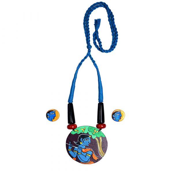 Karukala Lord Krishna Painting Handicraft Wooden Necklace Set01