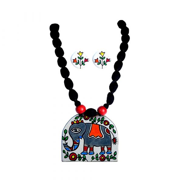 Karukala Madhubani Elephant Painting Handcrafted Necklace Set1