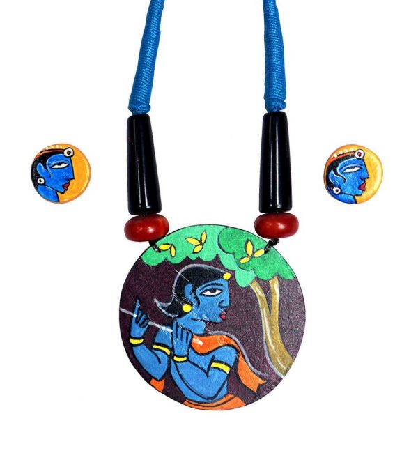 Karukala Lord Krishna Painting Handicraft Wooden Necklace Set01