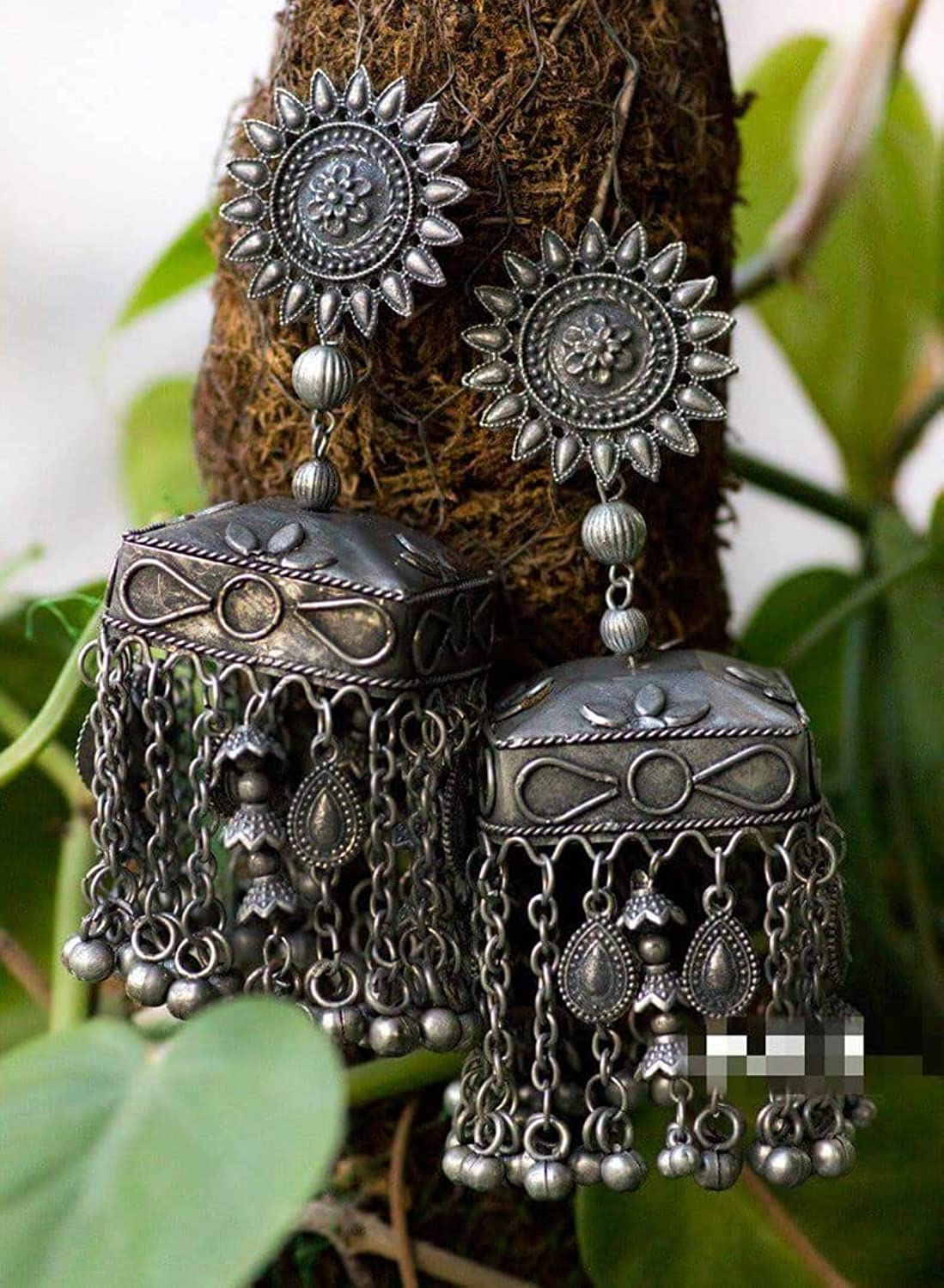 Black Metal Polish Designer Earrings Square Shape Jhumka