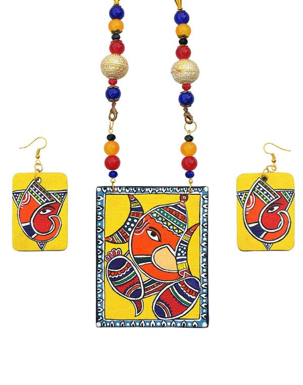 Handpainted Ganesh On Canvas Necklace And Earring Jewellery Sets2