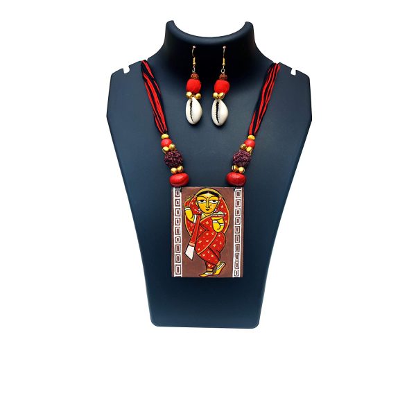 Hand Painted Jamini Roy Red Saree Lady Necklace
