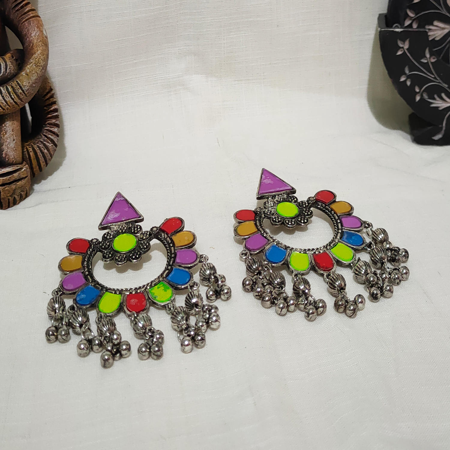 Afghani Tribal Multi-Color Oxidized Drop Earrings