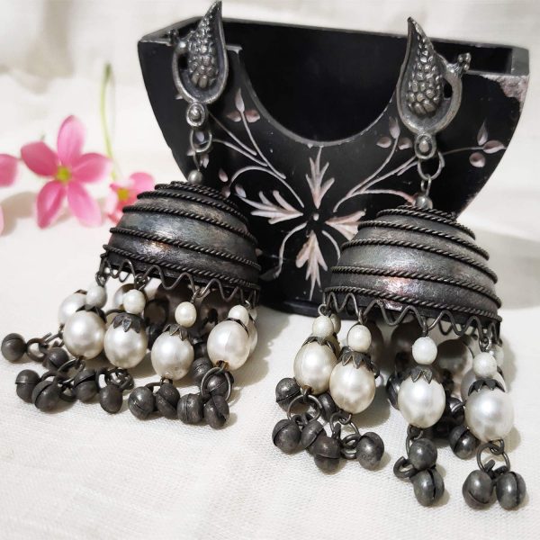Black Silver Plated Flower Traditional Jhumka