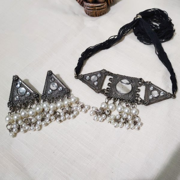 Black Polish Oxidised Mirror Necklace Set