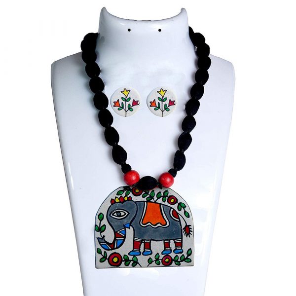 Karukala Madhubani Elephant Painting Handcrafted Necklace Set1