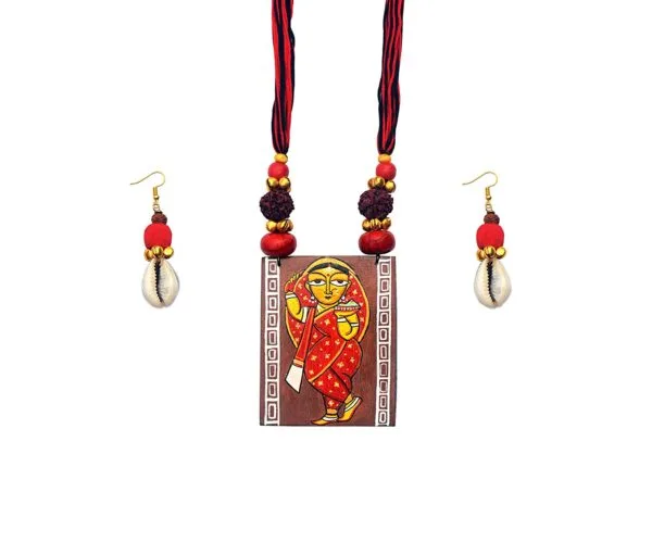 Hand Painted Jamini Roy Red Saree Lady Necklace2