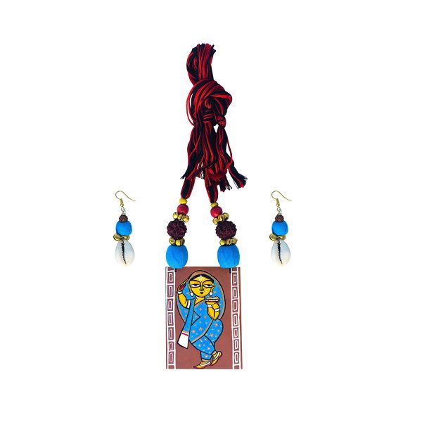 Hand Painted jamini Roy Blue Saree Lady Necklace