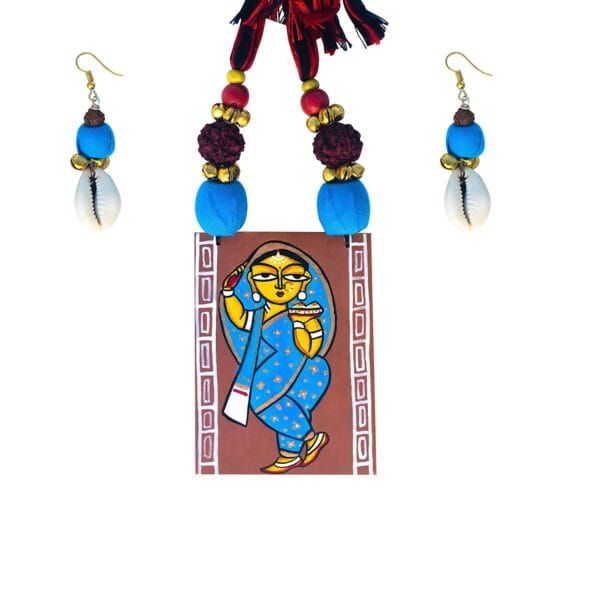 Hand Painted Jamini Roy Blue Saree Lady Necklace2