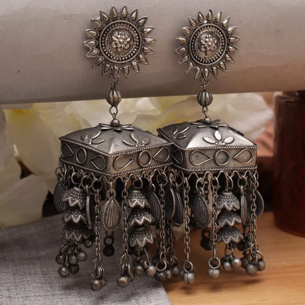 Black Metal Polish Designer Earrings Square Shape Jhumka