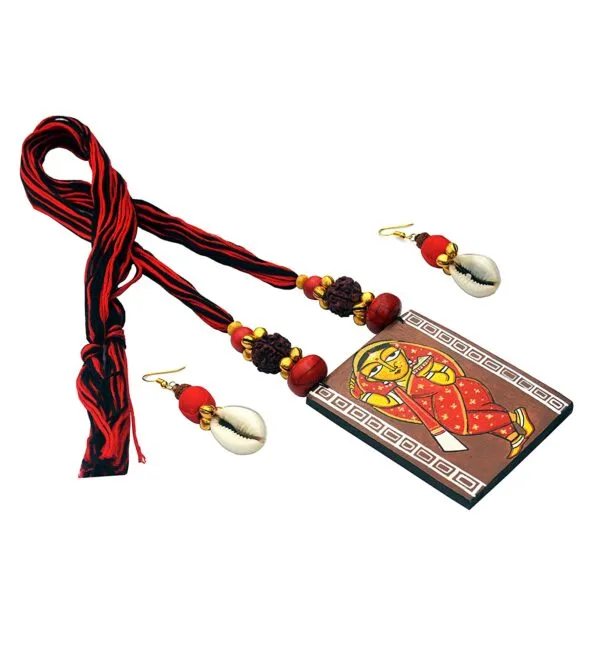Hand Painted Jamini Roy Red Saree Lady Necklace1