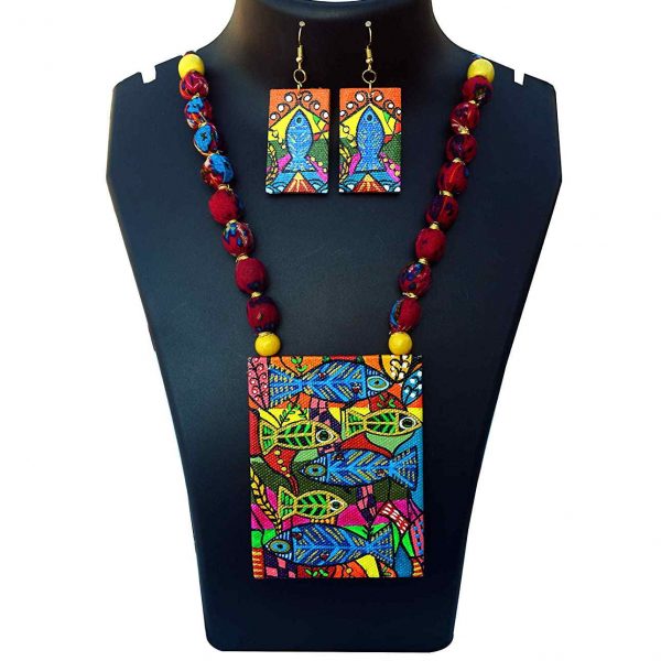 Hand Painted Madhubani Fish On Canvas Necklace Set