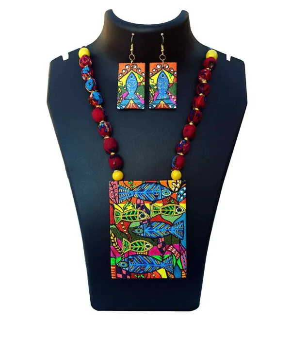 Hand Painted Madhubani Fish On Canvas Necklace Set