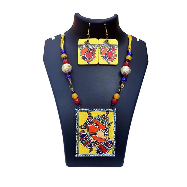 Handpainted Ganesh On Canvas Necklace And Earring Jewellery Sets