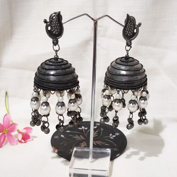 Black Silver Plated Flower Traditional Jhumka