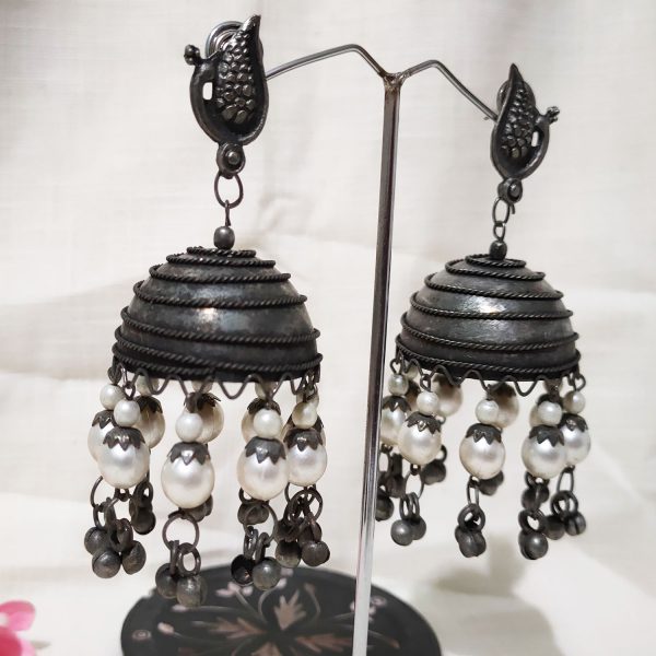 Black Silver Plated Flower Traditional Jhumka